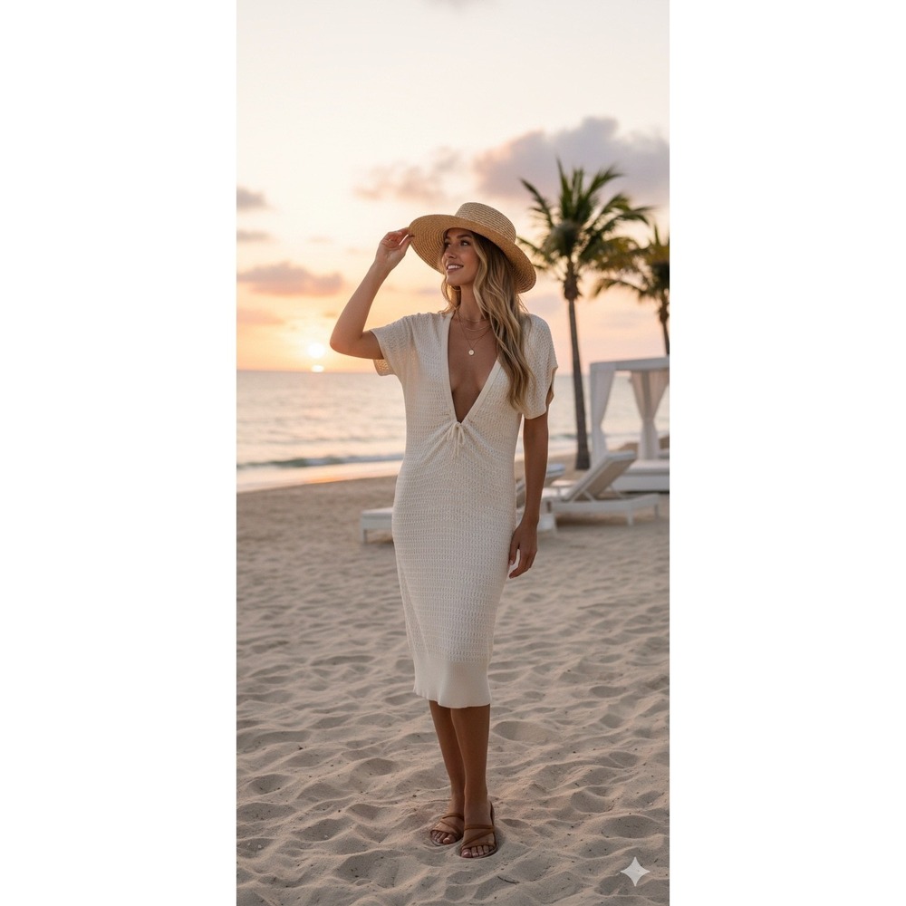 LIDI 100% Bamboo‎ Knit Deep V-Neck Tie Front Midi Dress Small Beach Resort Chic